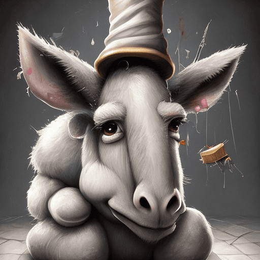AI generated: a cute adorable wacky donkey with huge emotive eyes, sitting in a corner wearing a dunce cap, moody,...