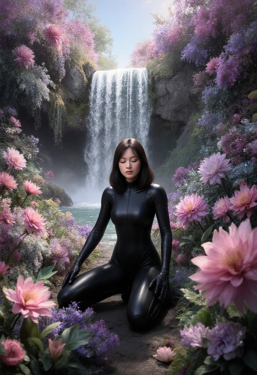 AI generated: Samus Aran, adorned in her iconic Zero Suit, kneels gracefully amidst a breathtaking alien garden. T...