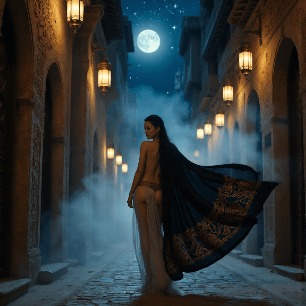 AI generated: half (naked:1.6), woman wearing sheer robe Oriental style,dark flowing cape with intricate Middle Ea...