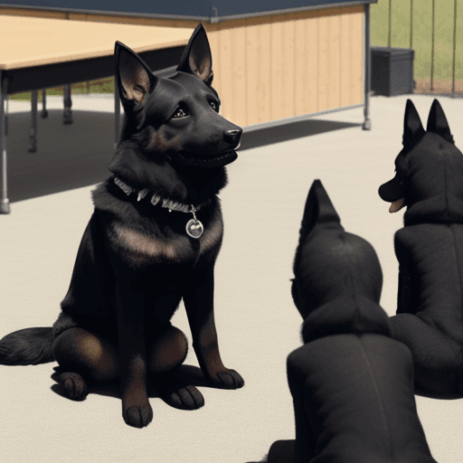 AI generated: A black German shepherd is giving a lecture to other small black German shepherd puppies on how to b...