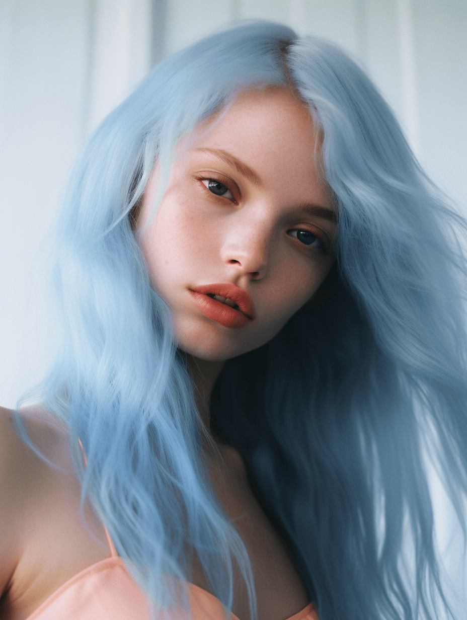 AI generated: disposable photography of beautiful blue hair color model, 8k, photo realism, --ar 3:4