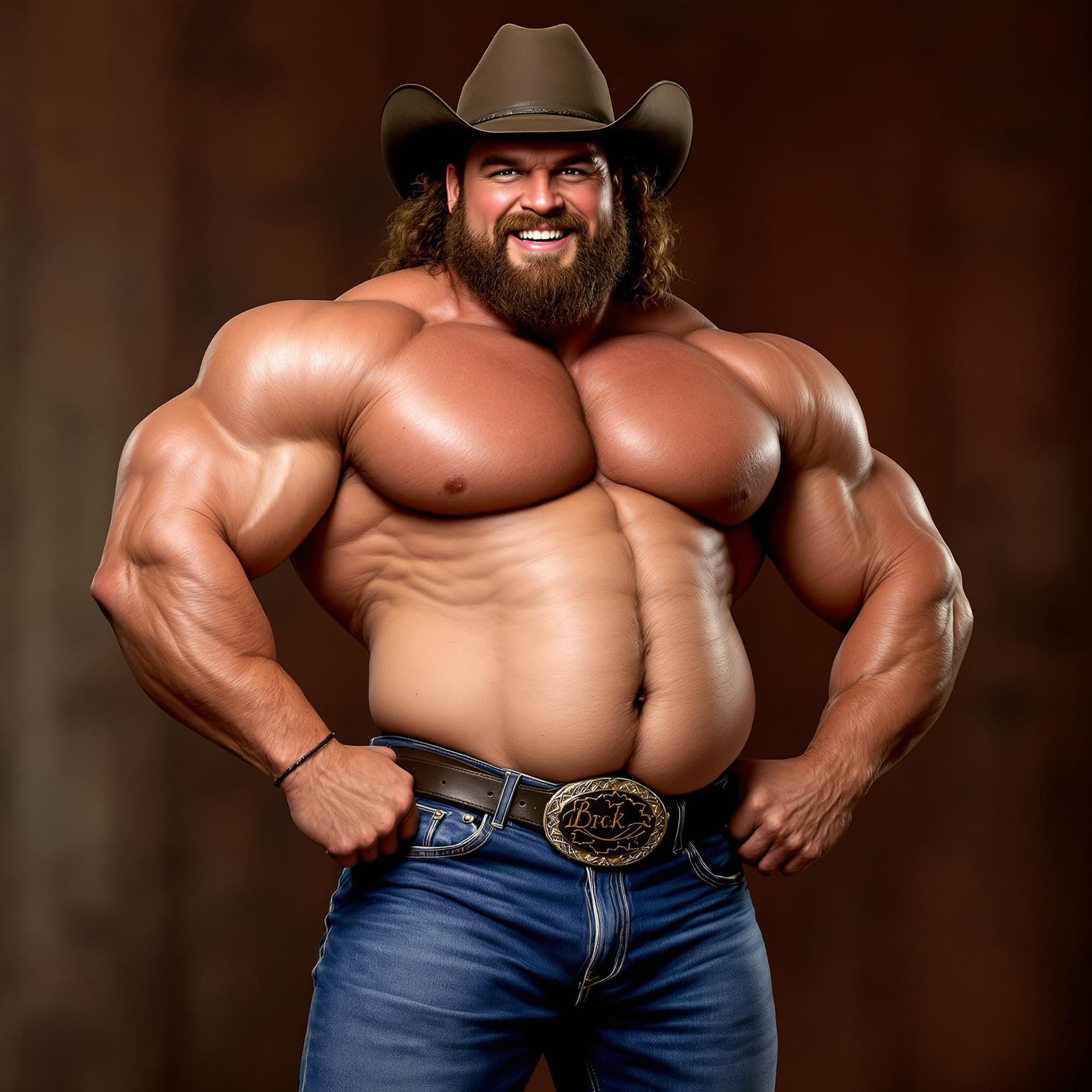AI generated:  big dick, big muscles, cowboy hat, cowboy boots, jeans, oval belt buckle, bodybuilder, flexing, cro...