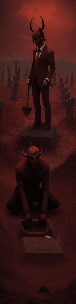 AI generated: A devil who digs graves for his lover and himself , 8k , hd , reality , red and brown tones