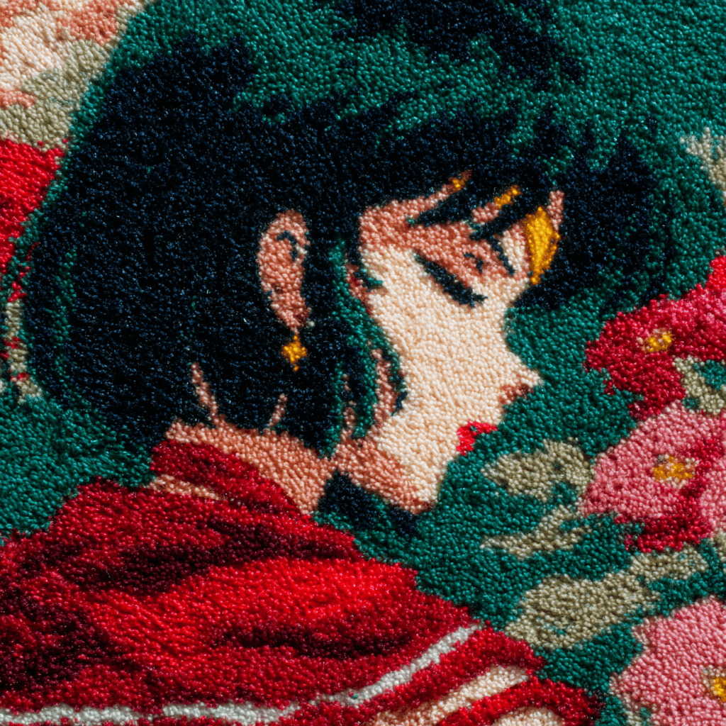 AI generated: green background , shaggy thick carpet texture with embroided profile of sailor saturn wearing red ,...