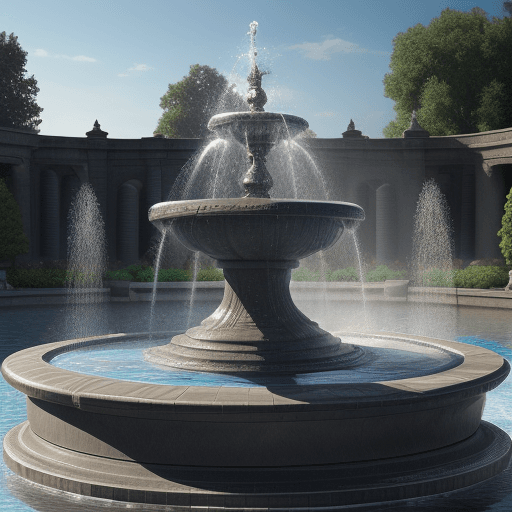 AI generated: Create an image of a round fountain 8meter wide with eight water jets on the edge distributed equall...