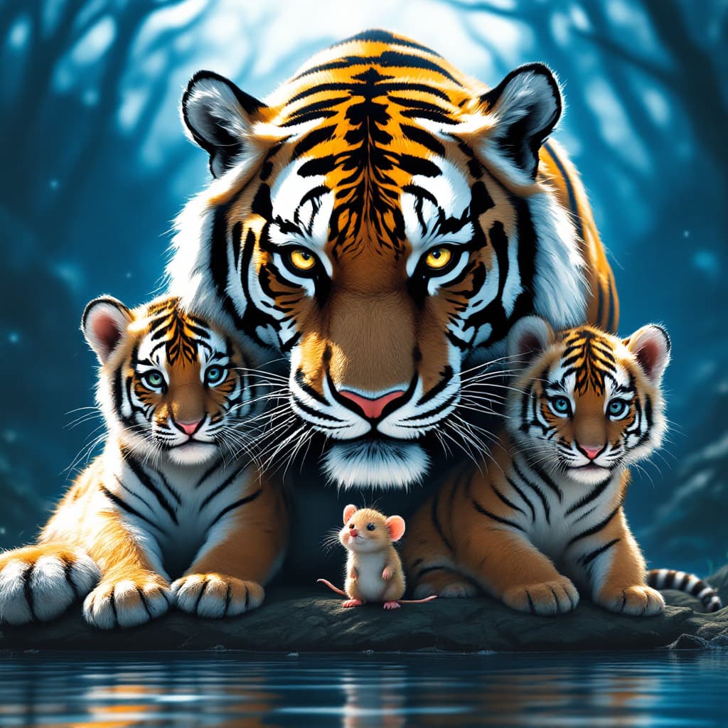 AI generated: movie poster, A tiger and two tiger cubs, and a small mouse in black white and blue, in the style of...