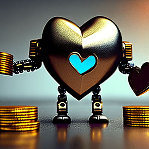 AI generated: A robot with a coin or token in place of a heart inside its metallic chest, standing in front of a b...