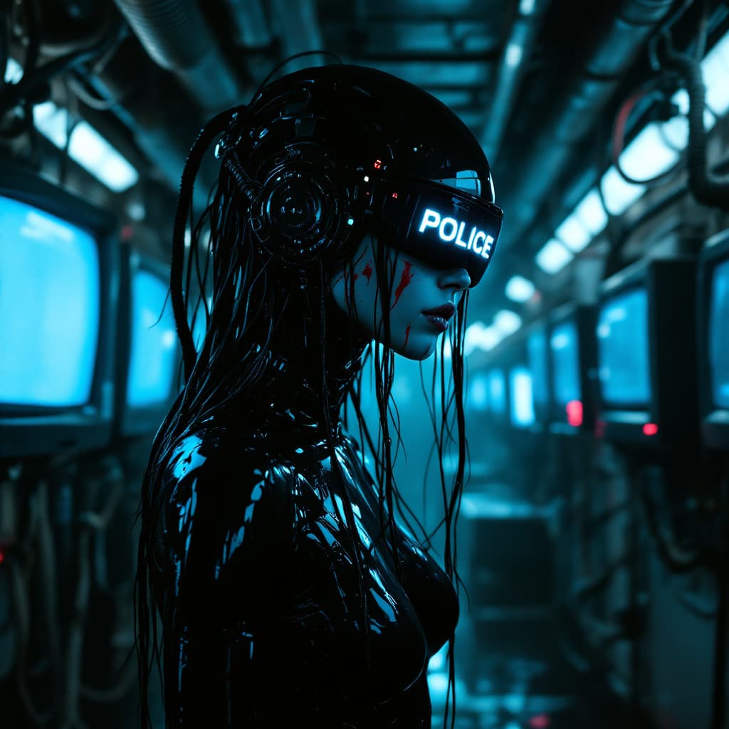 AI generated: 3 quarter angle of a  futuristic cyberpunk humanoid with a sleek black latex bodysuit, wearing a hig...