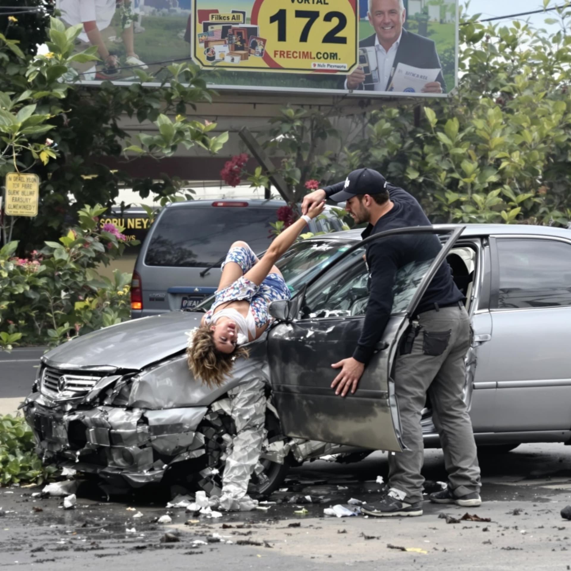 AI generated: man lifting a car to save a woman trapped after a car crash