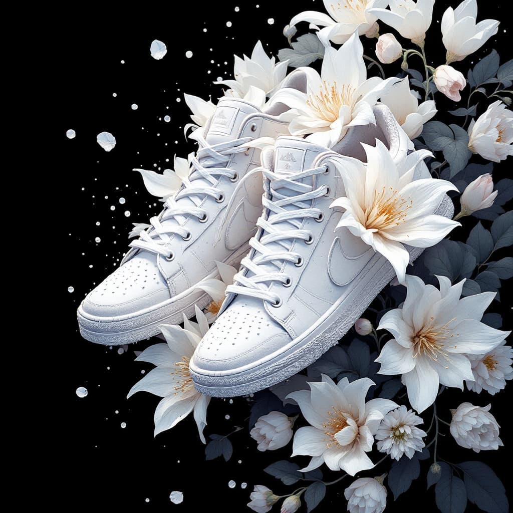 AI generated: illustrate an intricate Demix sneakers arrangement bursting with life against a stark black backgrou...