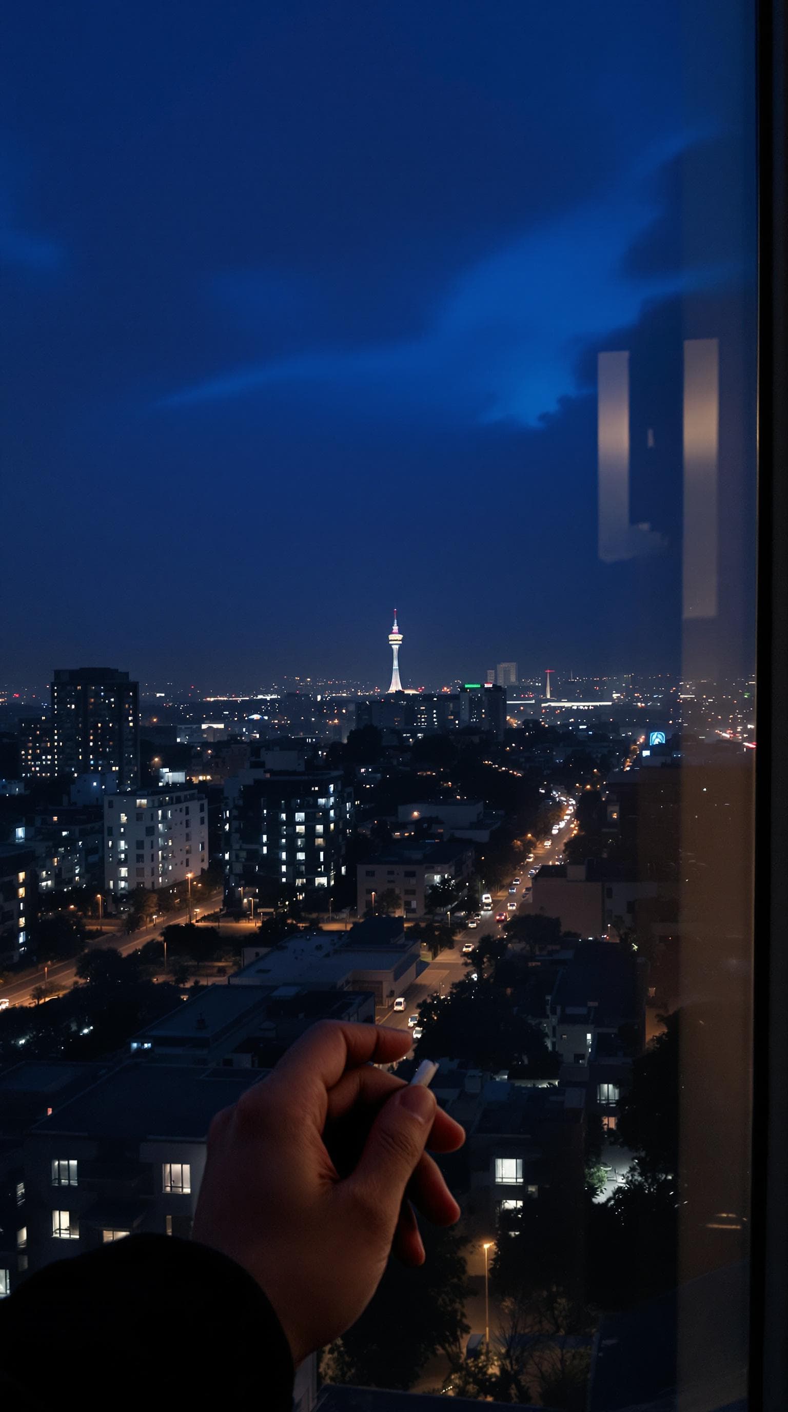 AI generated: POV first-person, i am standing by the window, smoking a cigarette, captured from a first-person per...