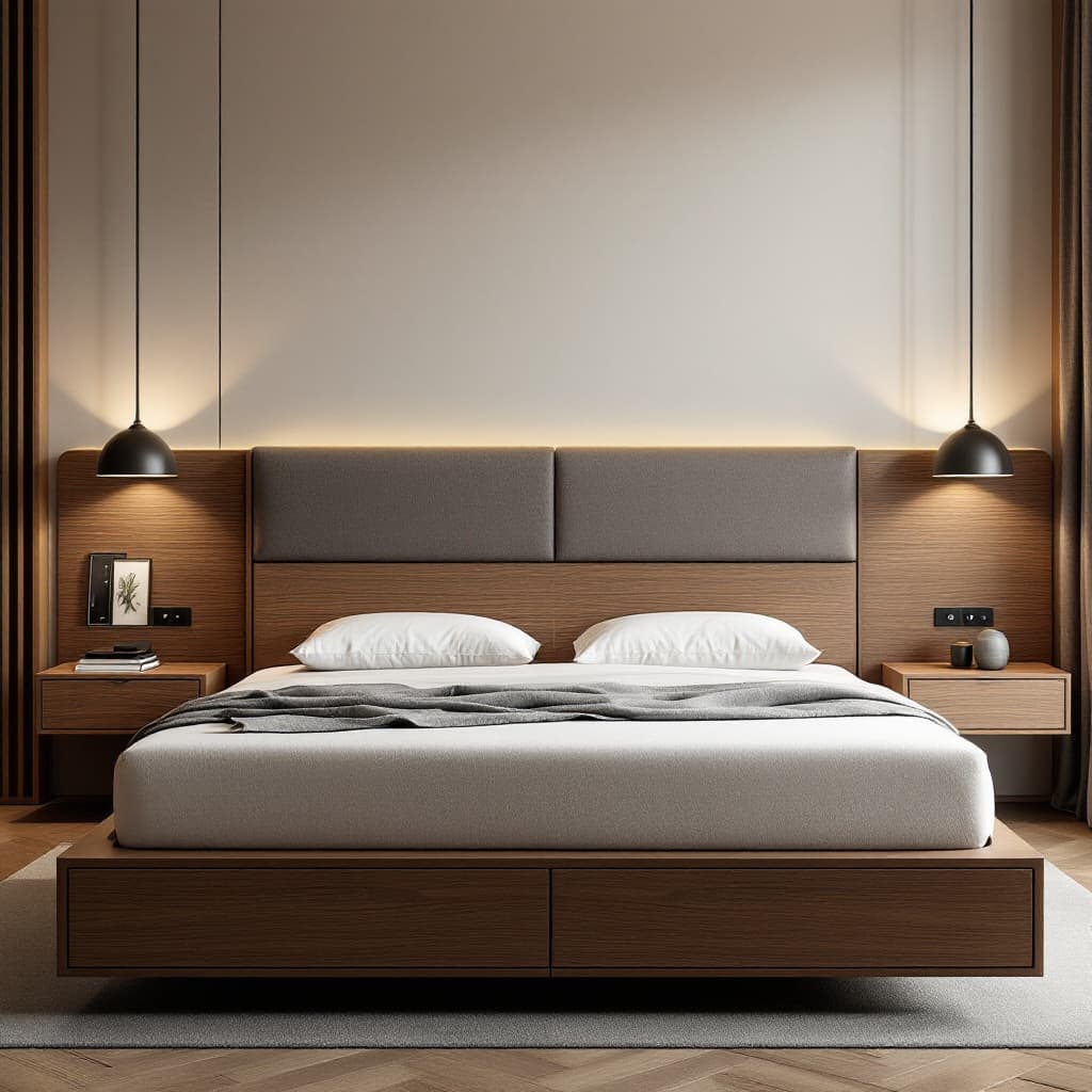 AI generated: "A bedroom with a full-length headboard made of walnut wood, featuring a central section upholstered...