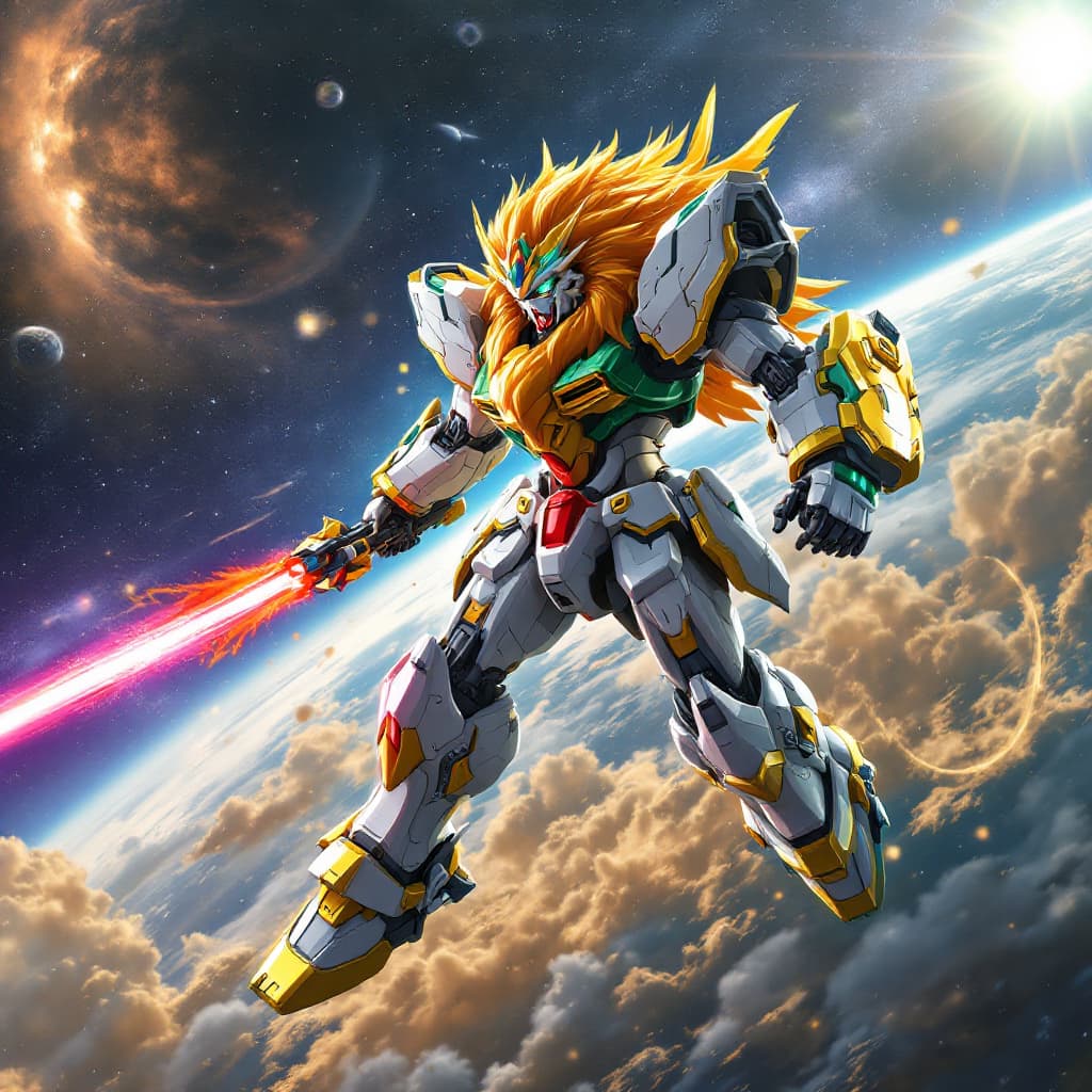 AI generated: a lion themed gundam, moving throw space, armed with a laser saber, with the sun shining 