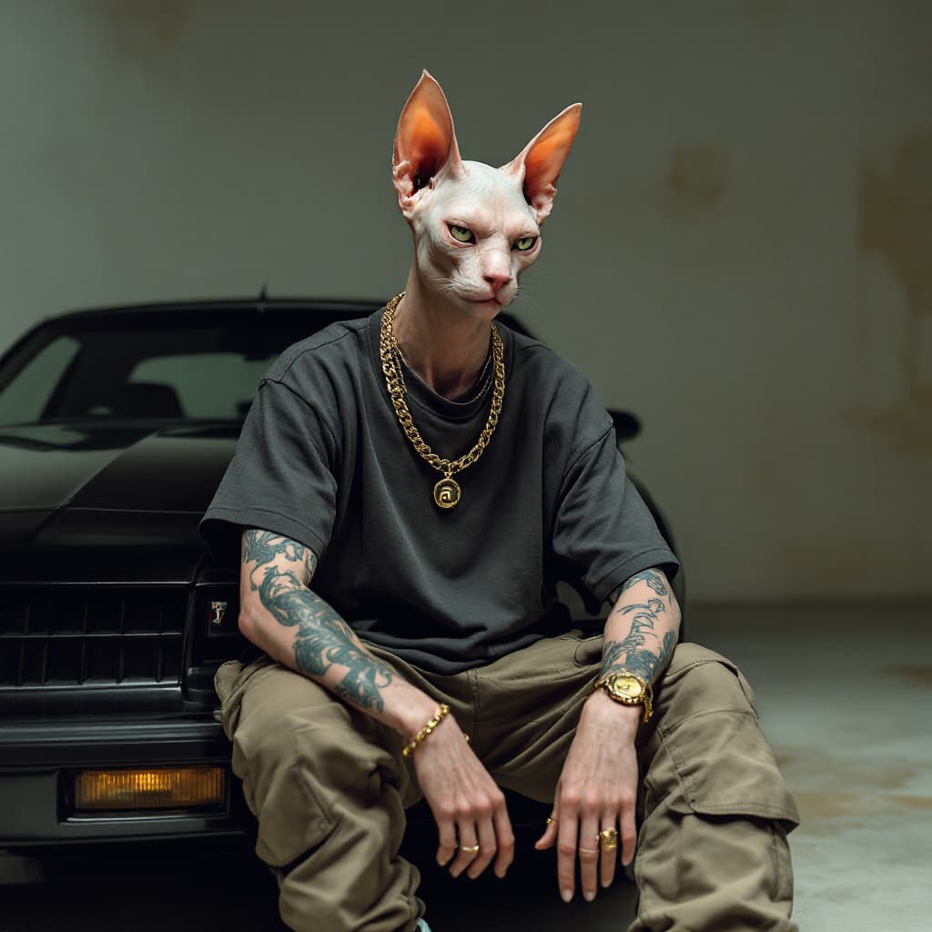 AI generated: photograph, fashion magazine cover, Yakuza thug with Sphynx-like wrinkled hairless skin in a soft gr...
