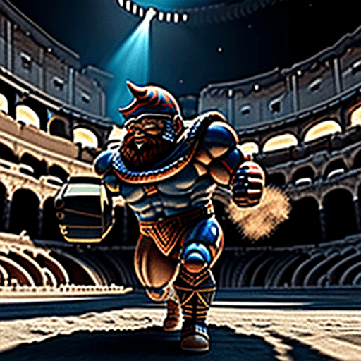AI generated: a very muscular Nordic gnome fighting a robot in a colosseum in space, hyper realistic, 8k, volumetr...