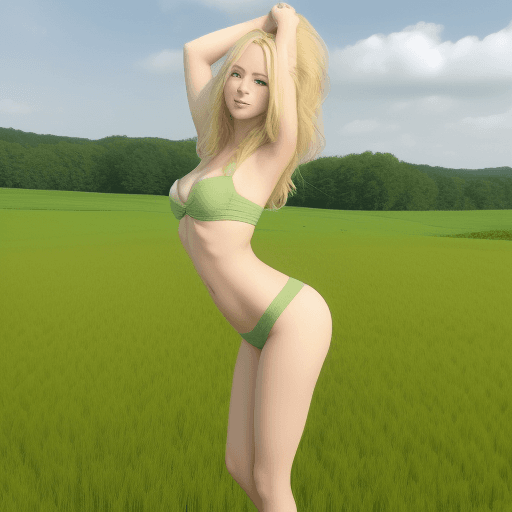 AI generated: Blonde beauty standing on her head on green land