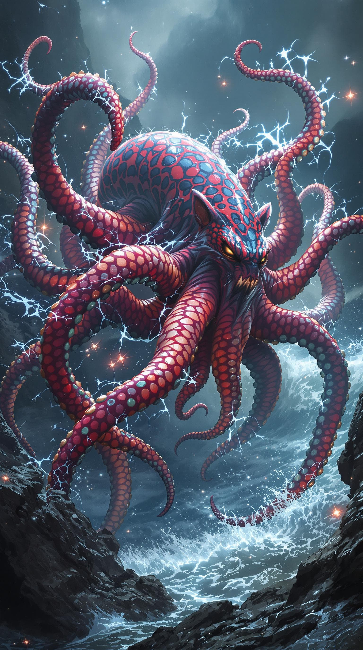 AI generated: A stunning, hyper-detailed image of a hybrid creature combining the features of a red octopus and a ...