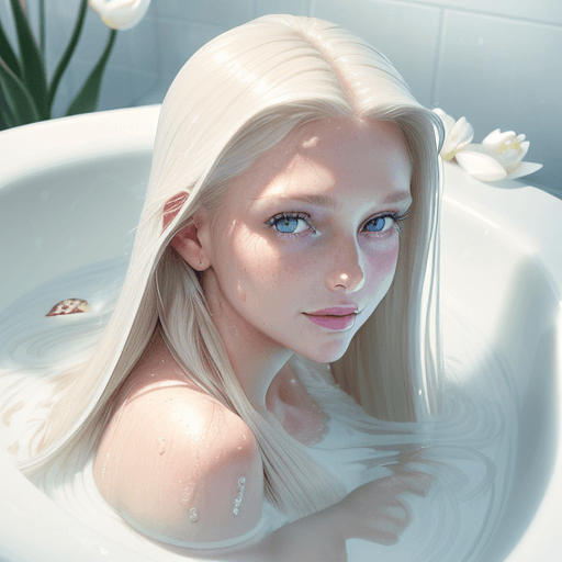 AI generated: close-up of a girl gig hadid with very long straight platinum blond wet hair tied back, perfect blue...