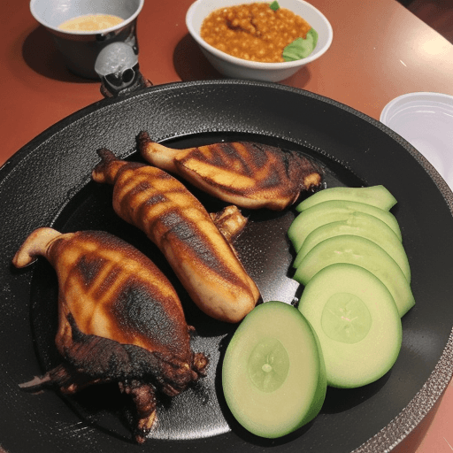 AI generated: seorang budak comel yang menikmati nasi ayam bakar sambil lari bersama kucing 

