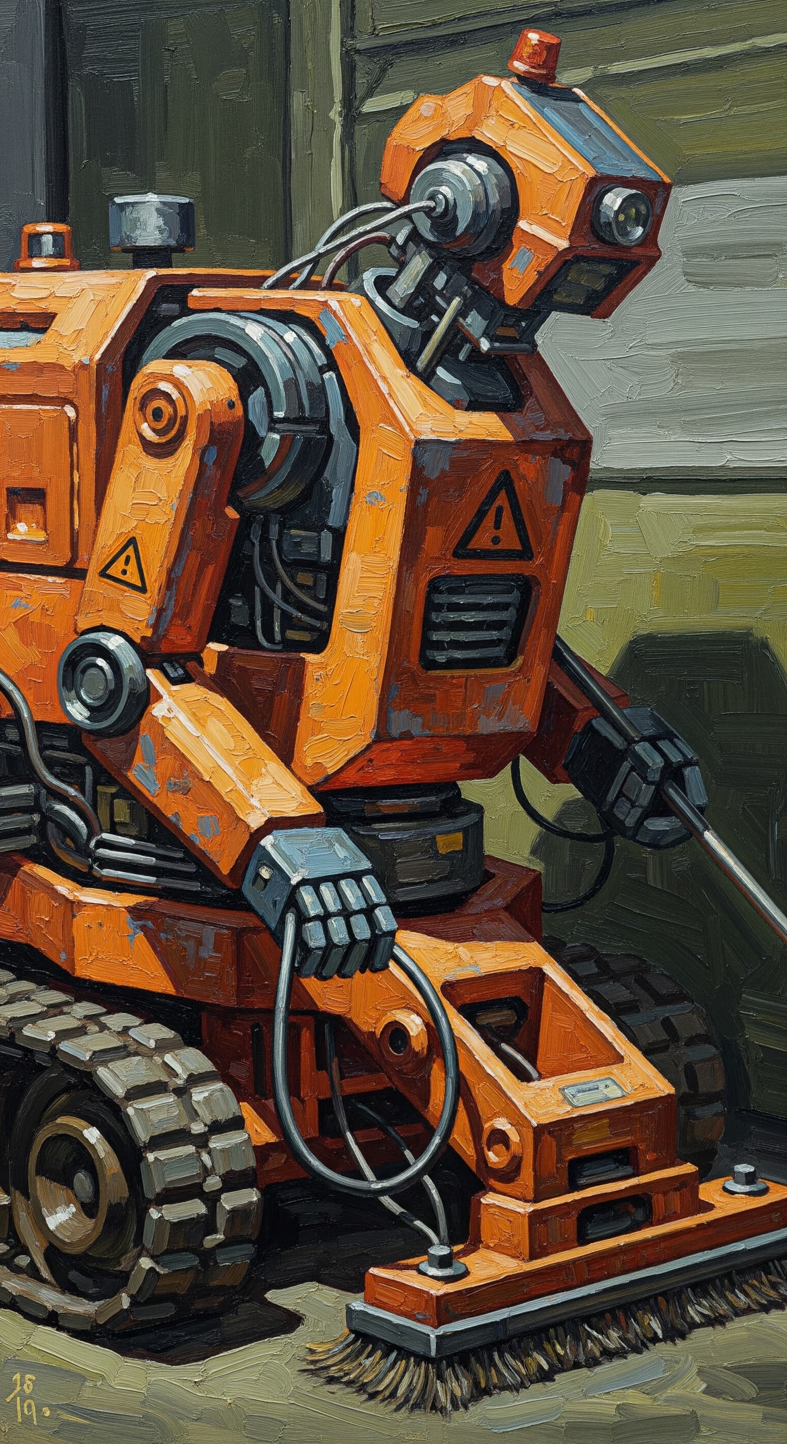 AI generated: old robot, faded signal orange, formerly important construction site robot, now only used for cleani...