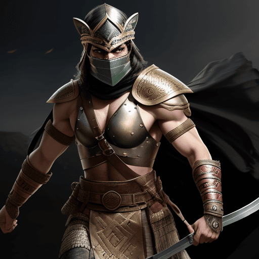 AI generated: Male Persian warrior in a battleground, wearing a full battle face mask, helm, and turban,