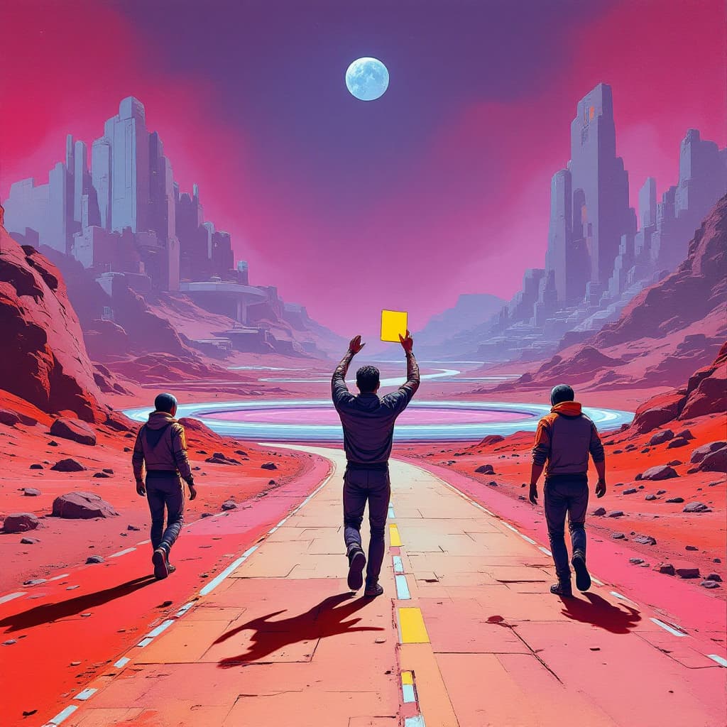 AI generated: A red background with purple and blue tones, featuring an oil painting of three people walking towar...