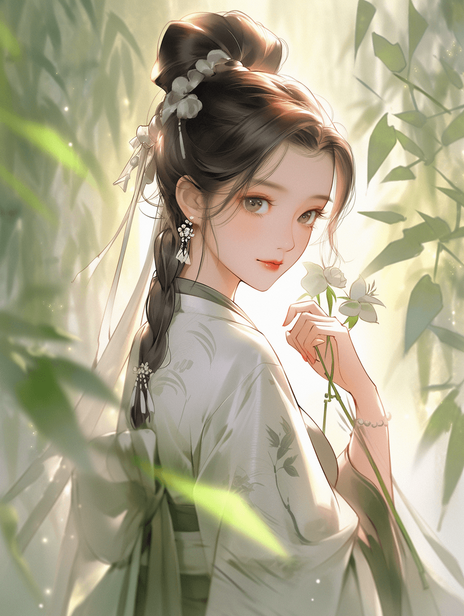 AI generated: Ancient China, Han Dynasty 1500-year graceful and elegant girl, enchanting eyes, filled with joy and...