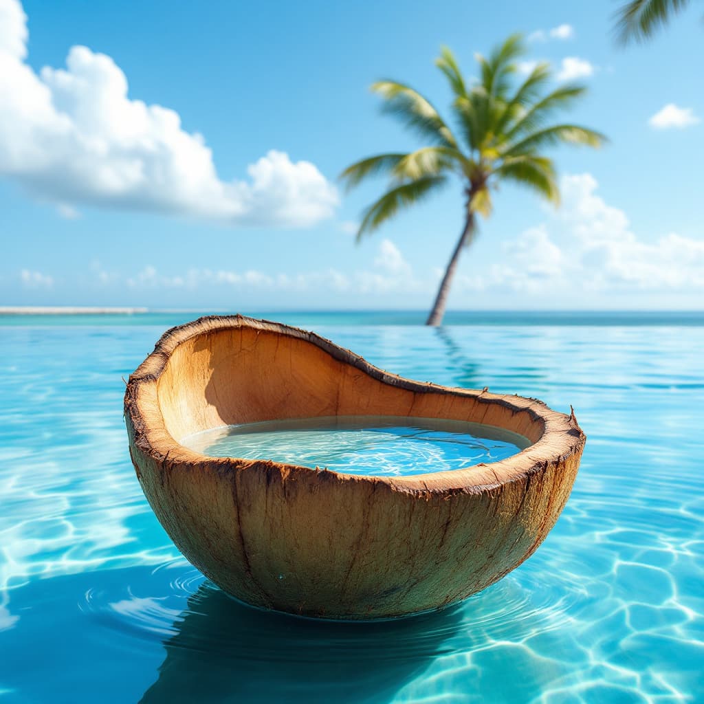 AI generated: swiming pool  in a tender coconut shell .