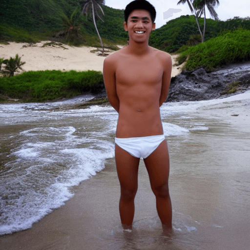 AI generated: filipino 19 years old handsome man,tan skin,shirtless,white swiming short pants,at the beach ,wet,bu...