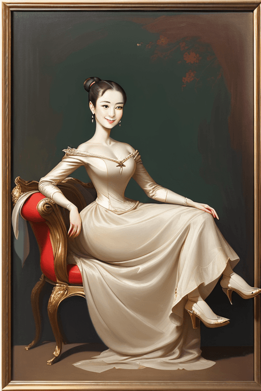 AI generated: ultra-fine painting, a woman aged 30, elegant smile, 3/4 side face, full body