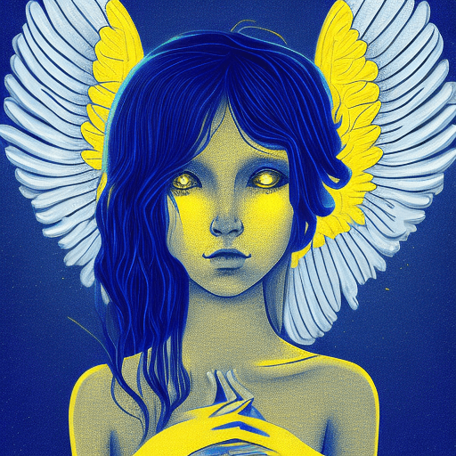 AI generated: a blue girl with gold angel halo head, in the style of neon realism, darkly romantic illustrations, ...