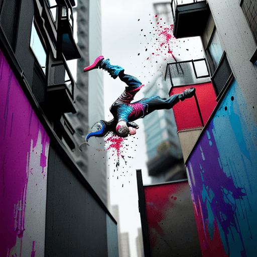 AI generated: Action Parkour-inspired action; acrobatic jumping between buildings; abstract art with vibrant splat...