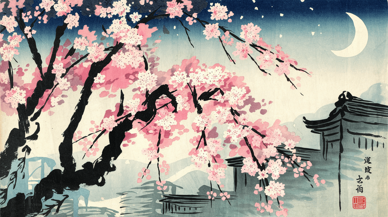 AI generated: Cherry blossoms and the moon in the style of Ukiyo-e, delicate brushwork, ink stamp at the bottom ri...
