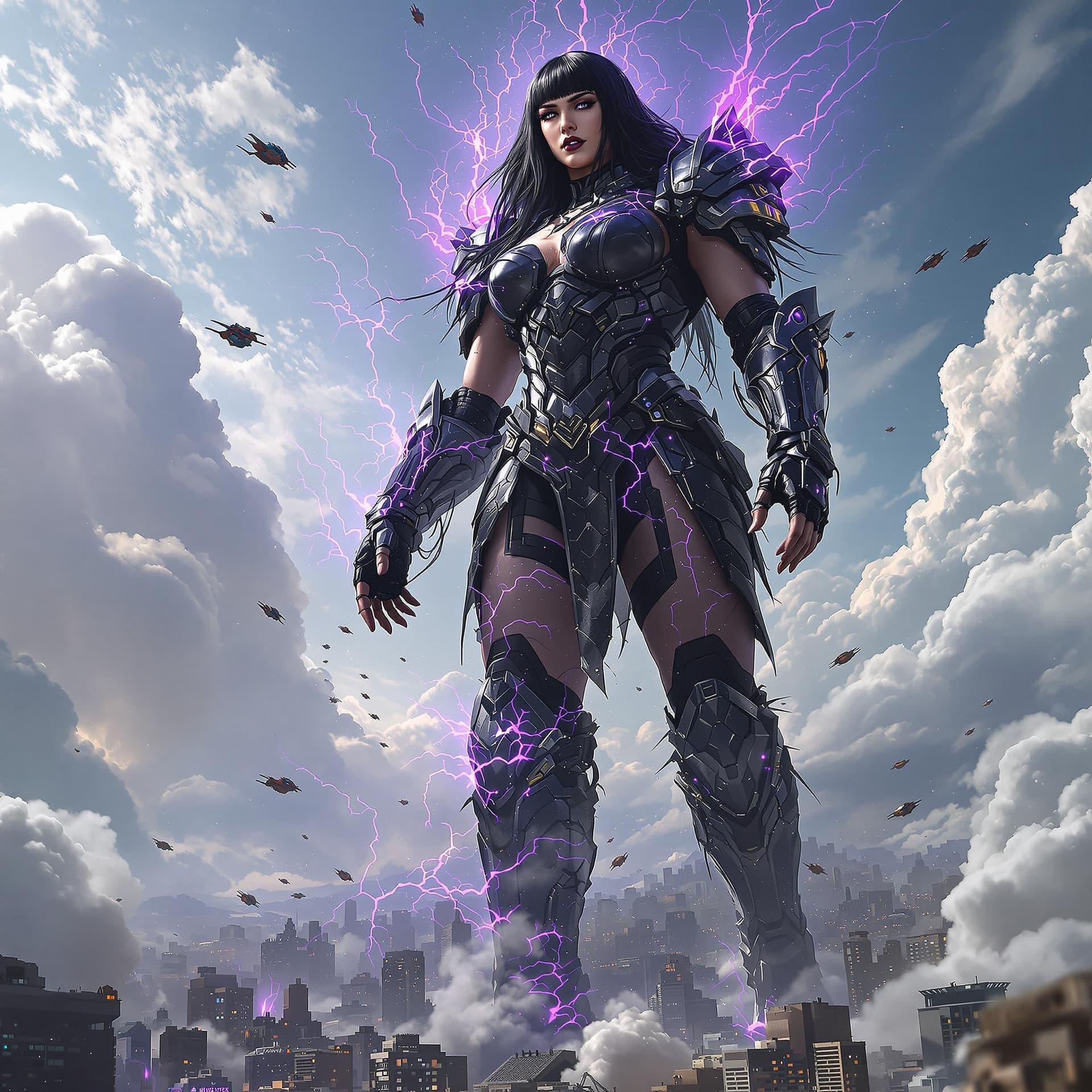 AI generated: truly enormous giantess female Rhea Ripley from WWE with black medium length hair and straight bangs...