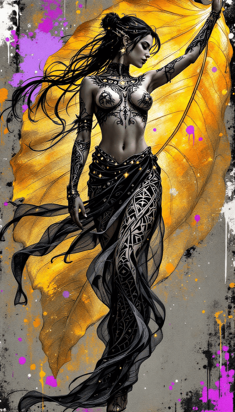 AI generated: A tribal drawing of a lady dancing gracefully on a shimmering gold leaf, styled with a blend of deco...