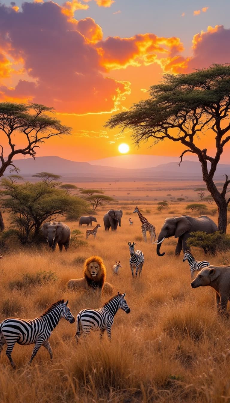 AI generated: Imagine a sunrise scene in the African savanna. Describe in vivid detail the interaction between var...