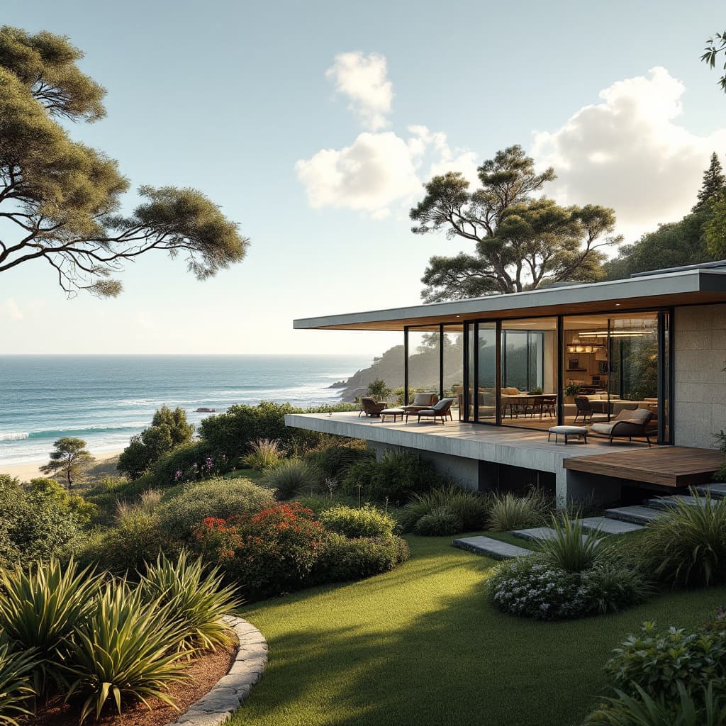 AI generated: Hyper realistic eye level exterior photo of a mid century modern style house overlooking the ocean, ...