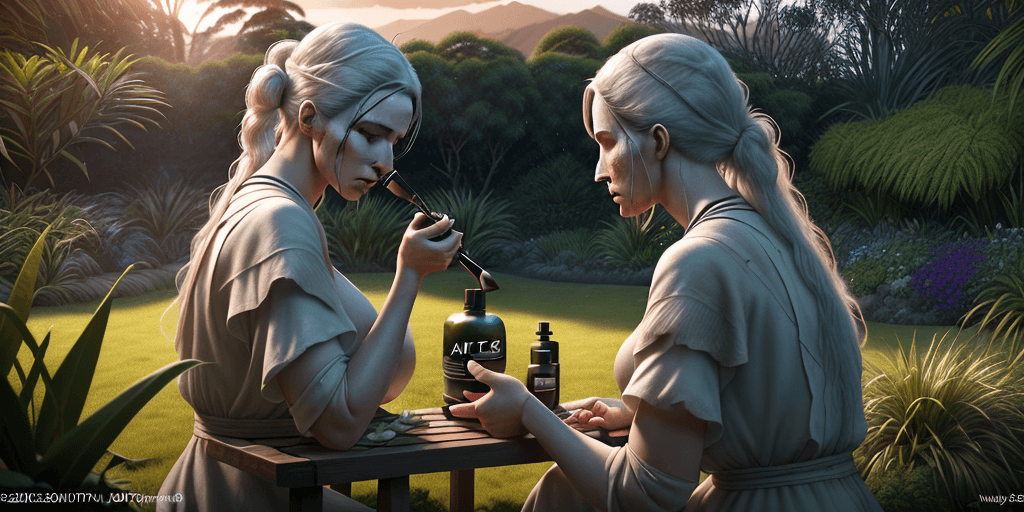 AI generated: Photo of a ultra realistic woman making natural cosmetics in new zealand garden 2024 =  with 6 other...