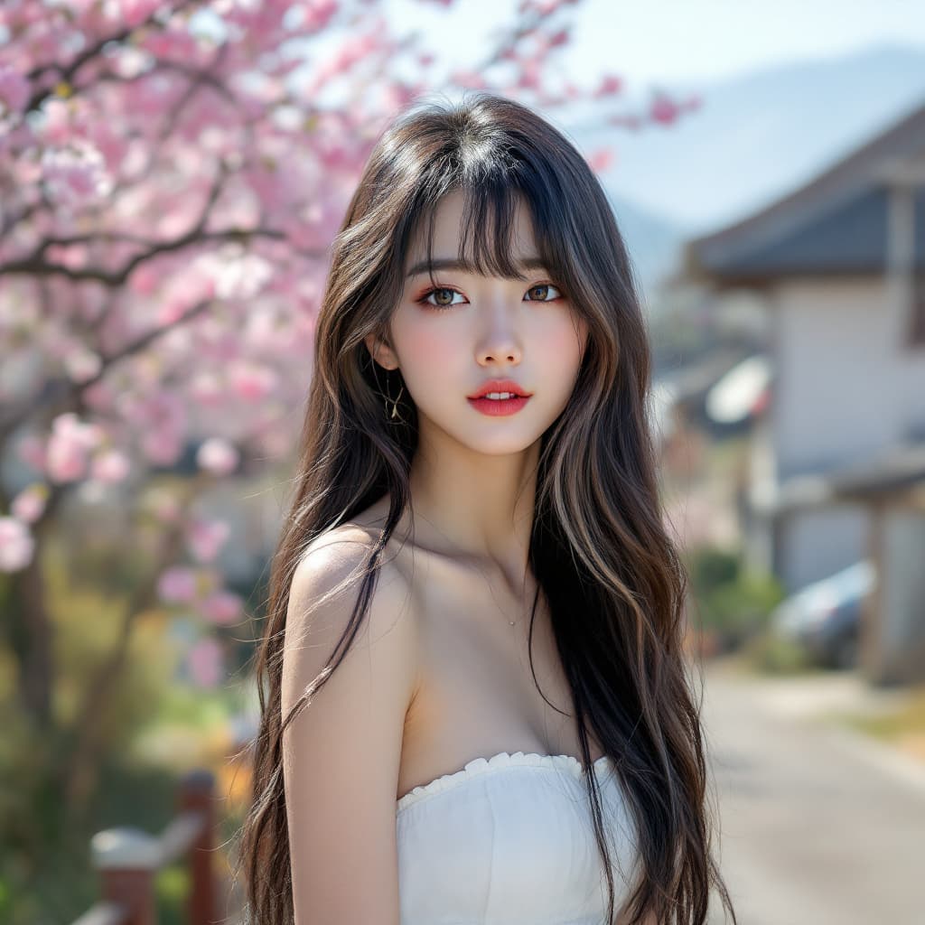 AI generated: A person, korean ulzzang face, japanese girl, long hair, bangs, multi color hair, wearing a white st...
