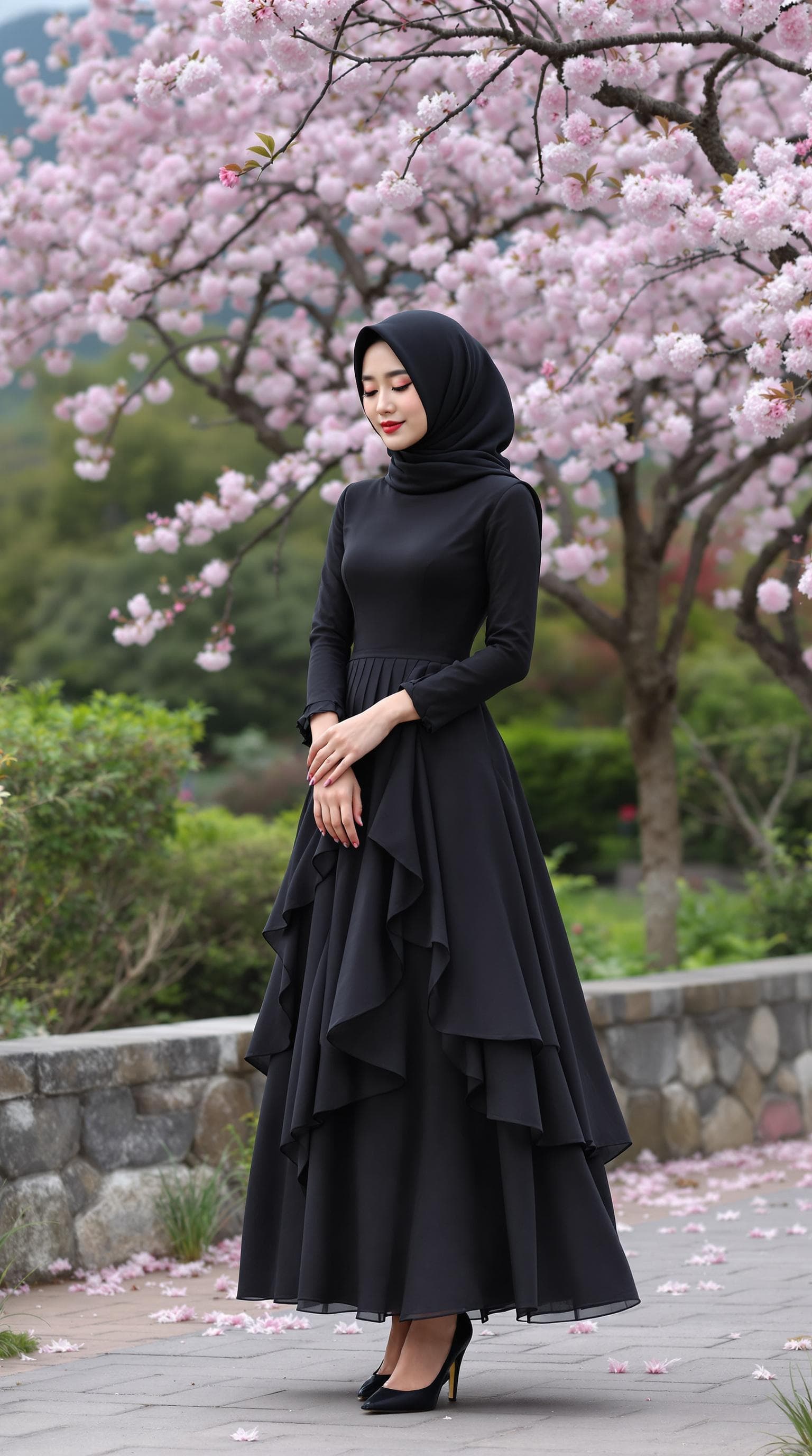 AI generated: a girl, Korean woman, korean ulzzang face, in a dress clothes, wear a black hijab and beautiful blac...