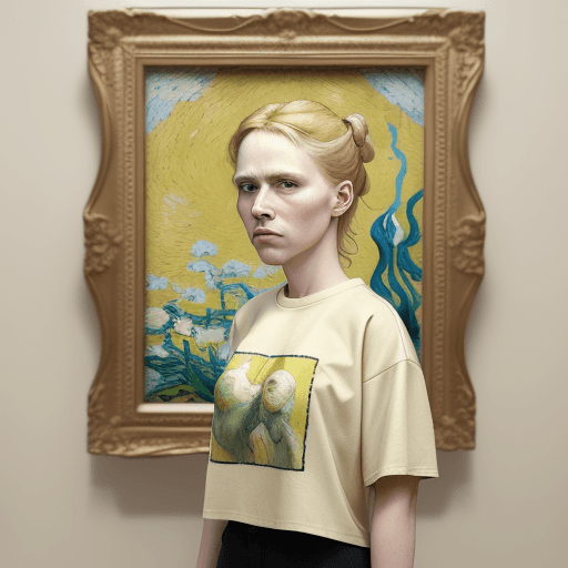 AI generated: In the visual representation, a woman stands against a neutral beige backdrop and there is a portrai...