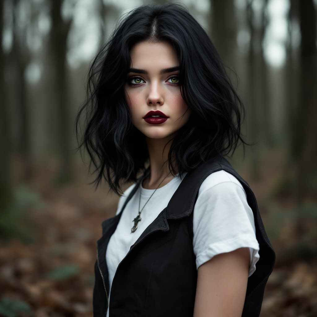 AI generated: 20 year old black haired girl, shoulder length black hair, stunning green eyes. wearing vest and sta...