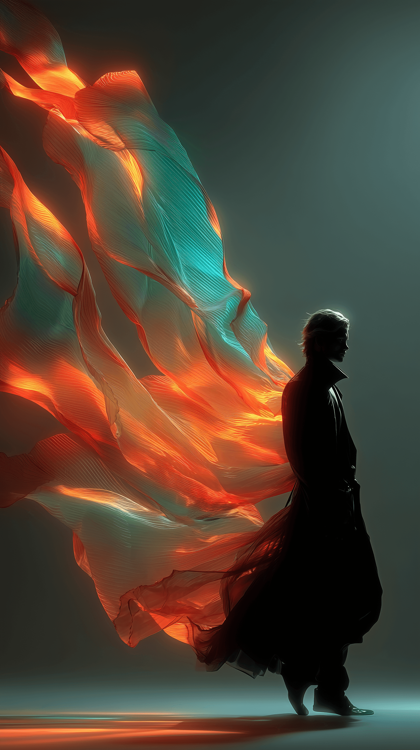 AI generated: cinematic photo, synesthetic choreographer in color-shifting ensemble, standing in ambient-lit void ...