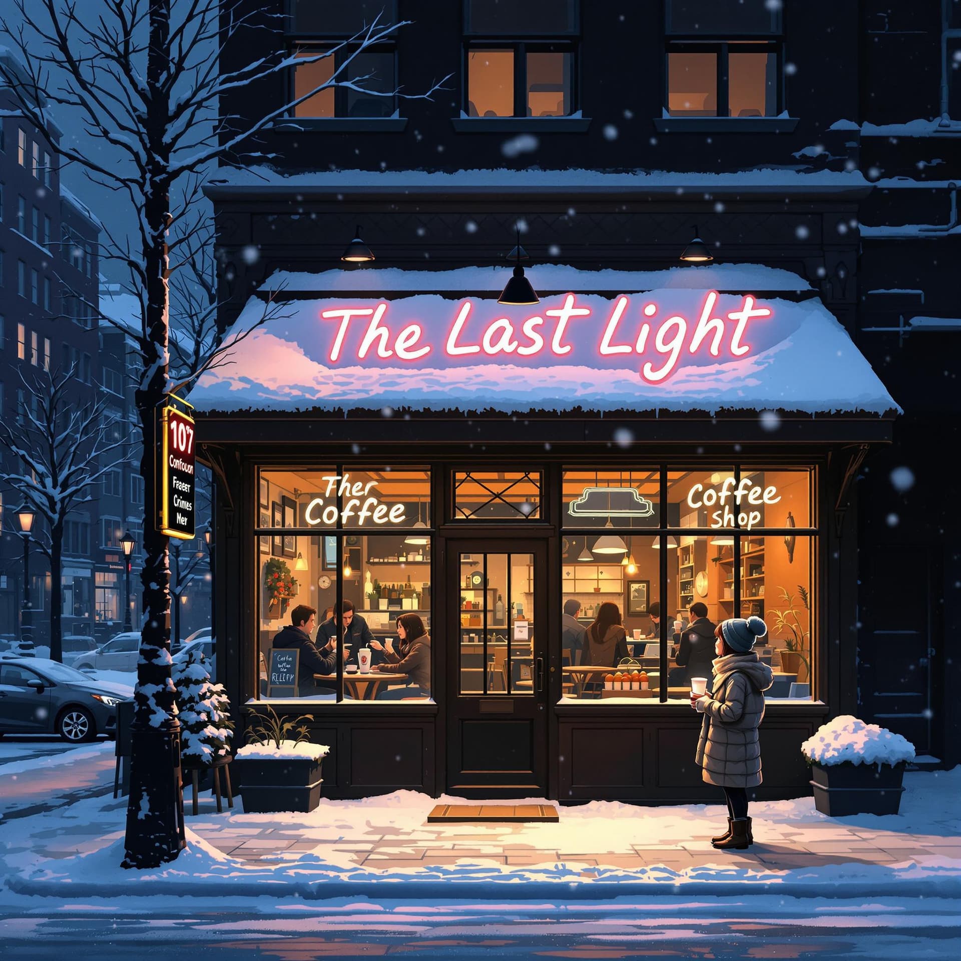 AI generated: A stunning, ultra-realistic illustration of a snowy night at 'The Last Light' coffee shop. Neon sign...