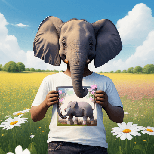 AI generated: Imagine a small elephant calf, named Kiko, smiling and wearing a t-shirt. Kiko is holding a box of c...