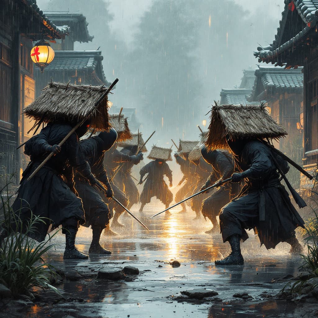 AI generated: Ten ninja fighting under the rain with the huts on the back of their heads 