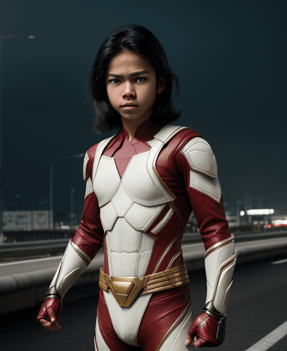 AI generated: epic realism, young boy, superhero from indonesia, indonesian superhero, handsome, shoulder length h...