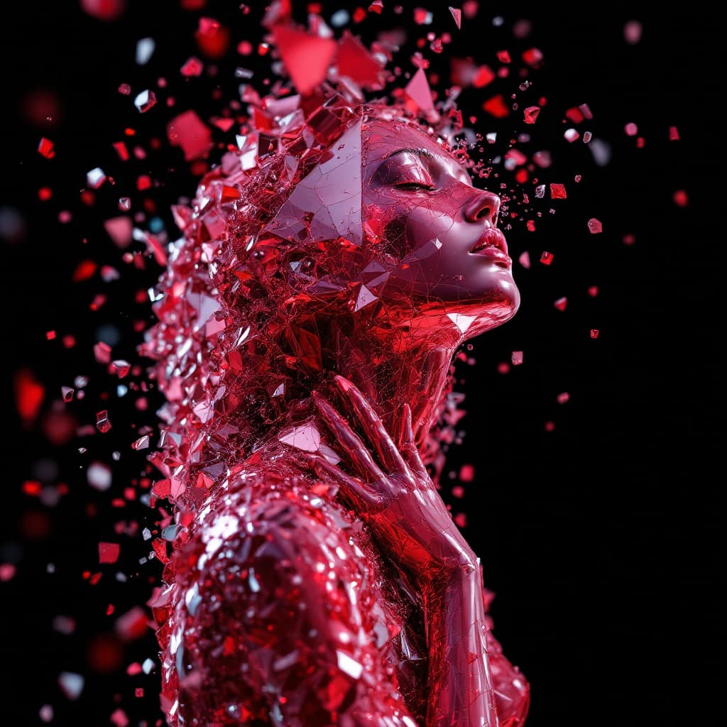 AI generated: ultra detailed shot of a shattering sculpture made of red glass in a female shape, full body zoomed,...