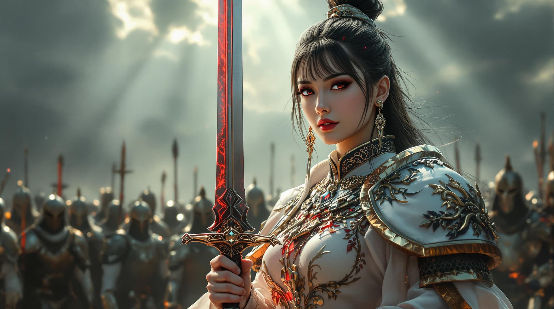 AI generated: Female oriental knight in full armour, white with gold embellishments, bangs, earrings, holding a le...