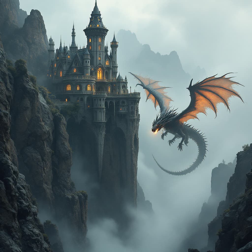 AI generated: A majestic and eerie castle stands on the edge of a cliff, its Art Nouveau architecture rich with in...